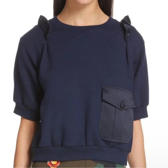 Harvey Faircloth Sweatshirt Short Sleeve Cropped Navy Sweatshirt Ruffle Sz M - Picture 1 of 9